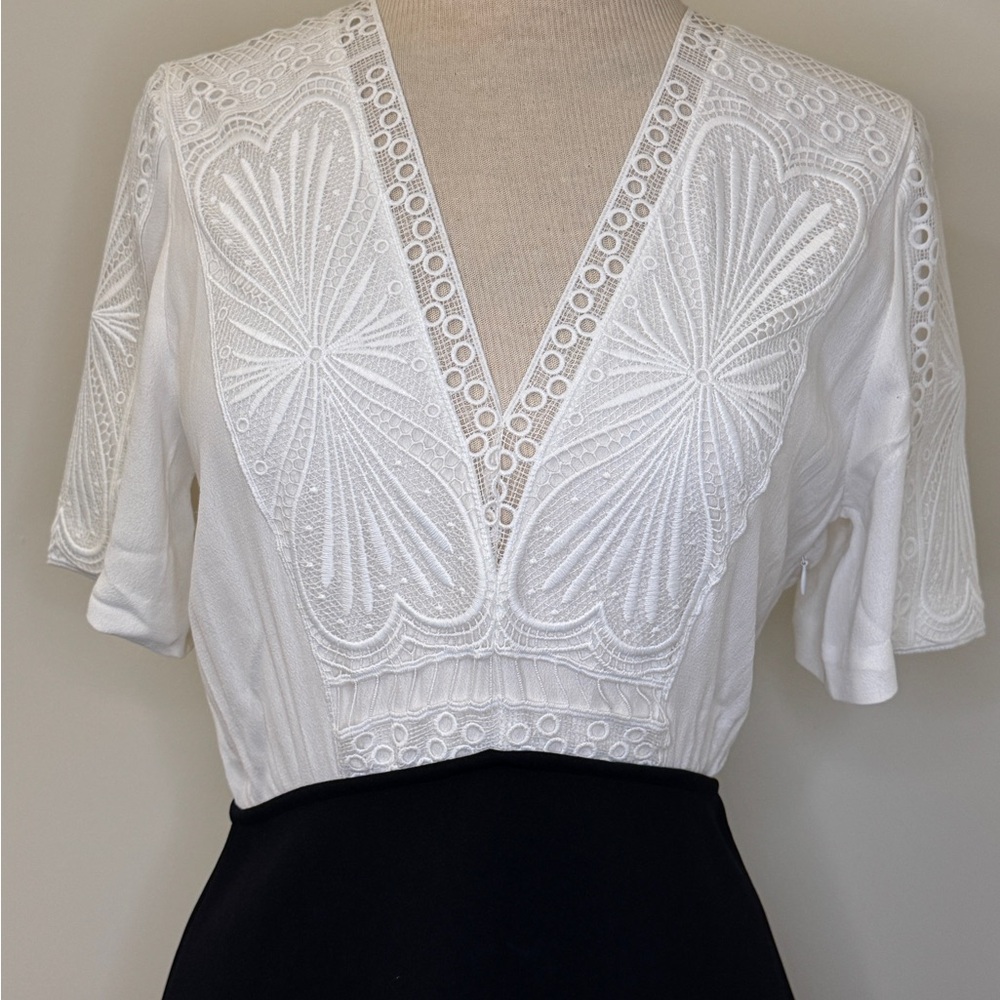 MAJE Ravelle Blanc Casse Dress Black and Ivory with Lace and Embroidery NWT